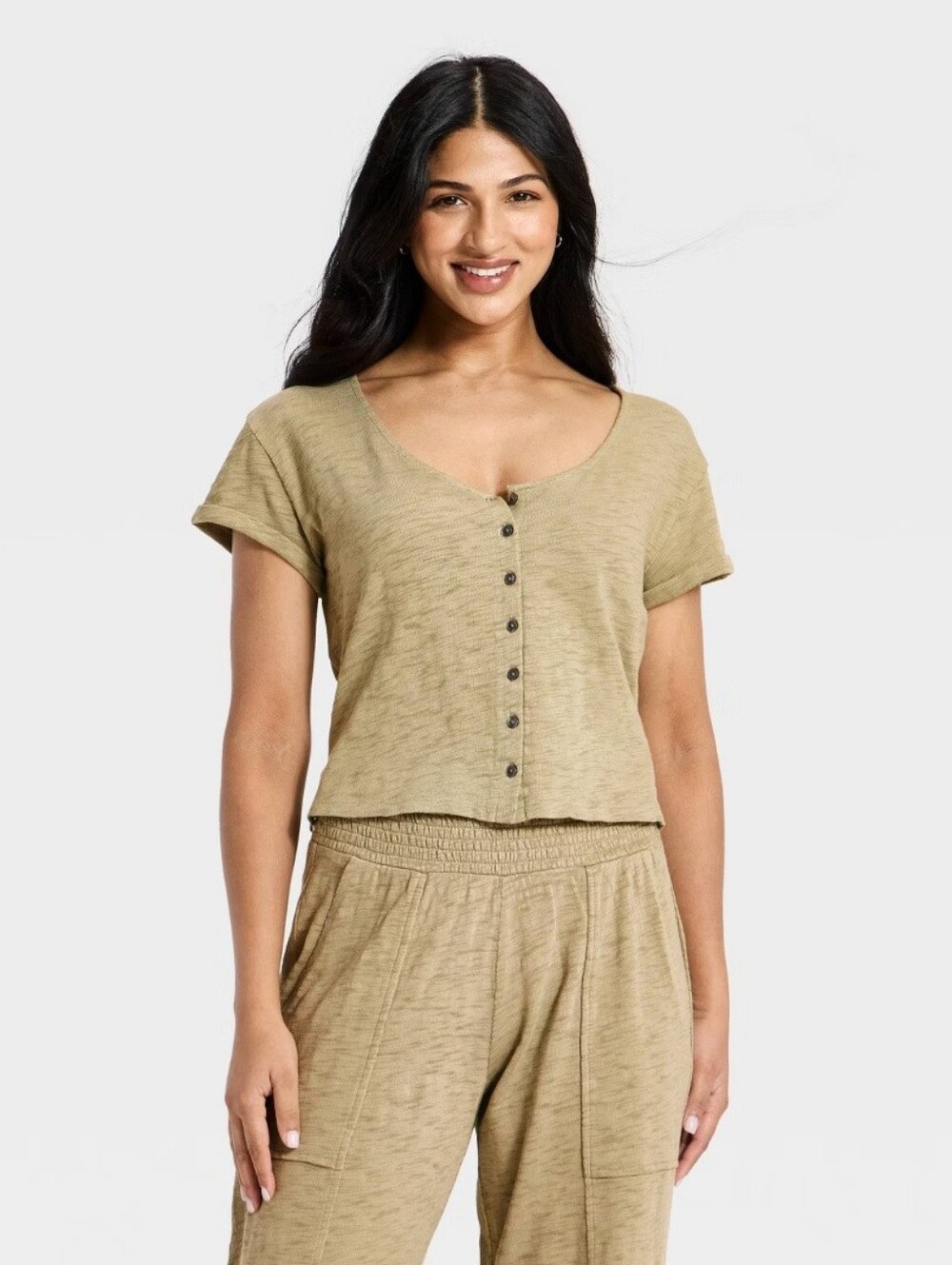 Women's Short Sleeve Button-Front Scoop Neck T-Shirt - Universal Thread Green L